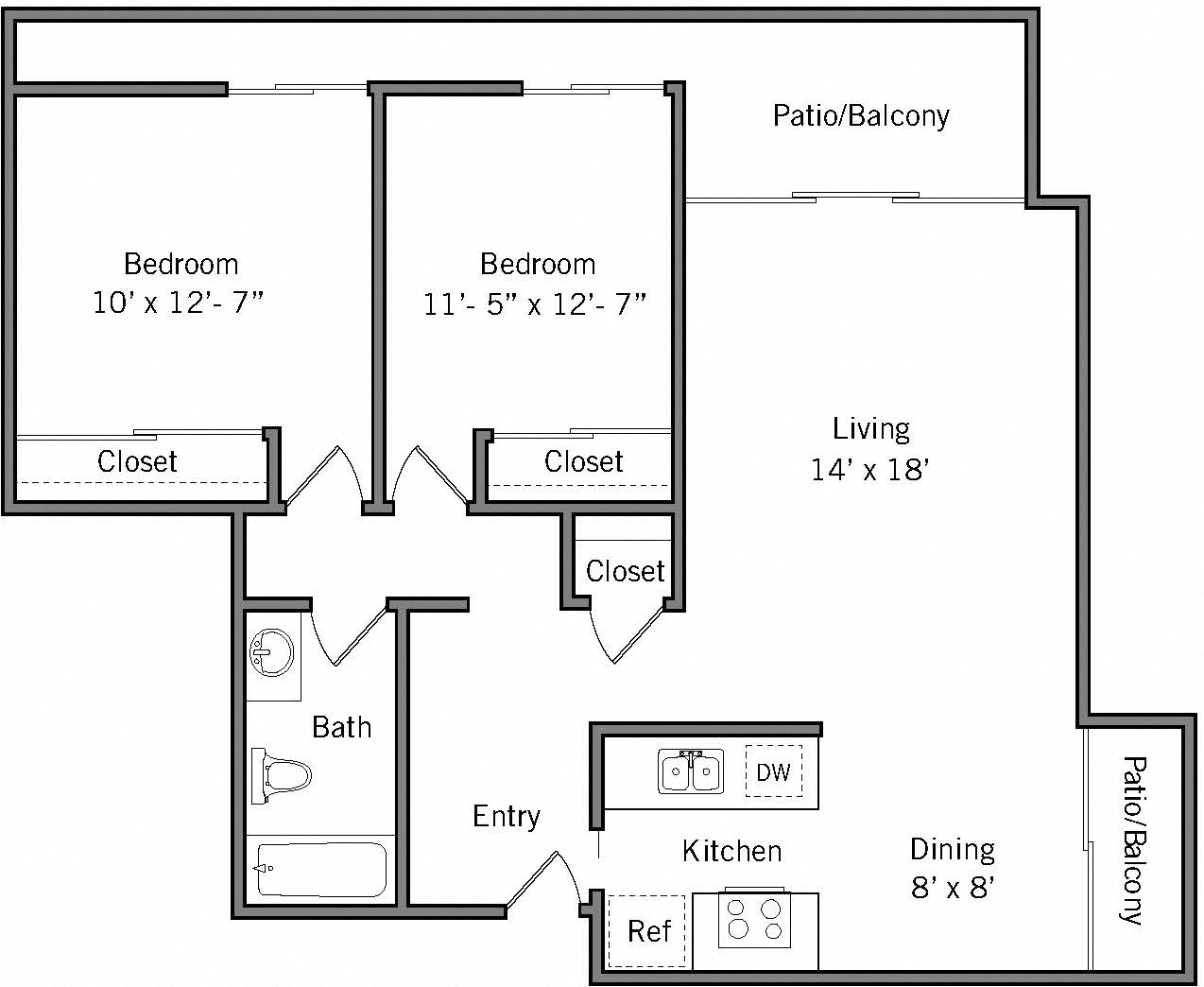 Floor plan for 2 beds, 1 bath, 940 sqft